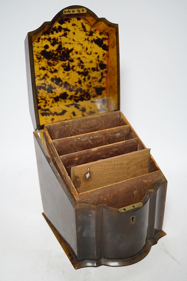 A late 19th century tortoiseshell letter box, 19cm high. Condition - in need of restoration, side panel broken away from back panel